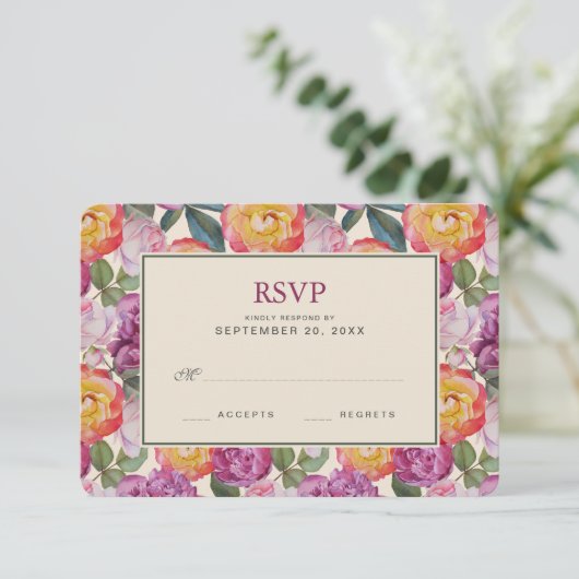カラフルな花の水彩画の花束- RSVPを結婚すること 出欠カード (スタンド正面)