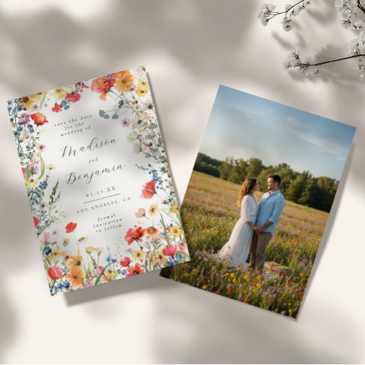 カラフルな花の結婚式の写真付きSave the Date 招待状