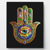 カラフルな花の羽根 ターコイズ 第三の目 ハムサ フォトプラーク (正面)