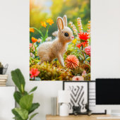カラフルな花の草原に座るフェルトのウサギ ポスター (ホームオフィス)