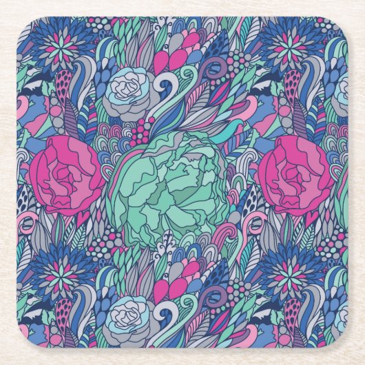 カラフルな花の落書きパターン スクエアペーパーコースター (正面)