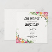 カラフルな花の誕生日 Save the Date カード (正面/裏面)