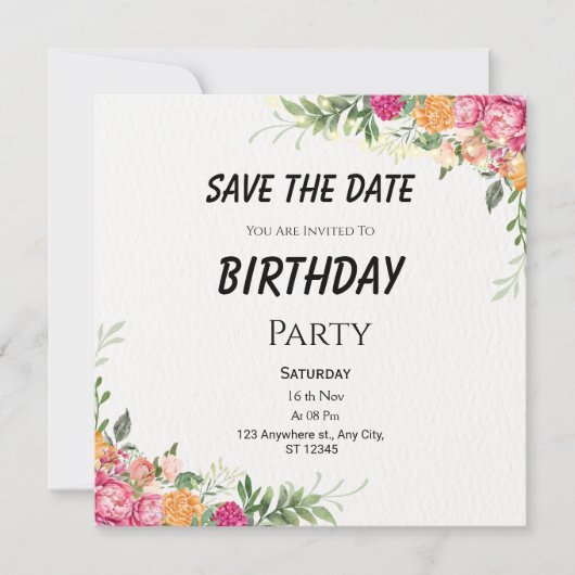 カラフルな花の誕生日 Save the Date カード (正面)
