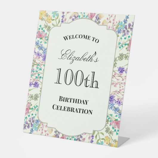 カラフルな花の100歳の誕生日ウェルカムサイン 台座サイン (正面)