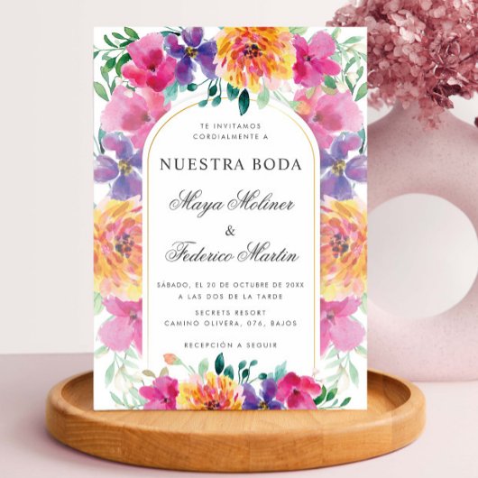 カラフルな花のNuestra Boda スペイン語の結婚式 招待状