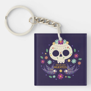 カラフルな花のSkull Dia de Muertos   Keychain キーホルダー