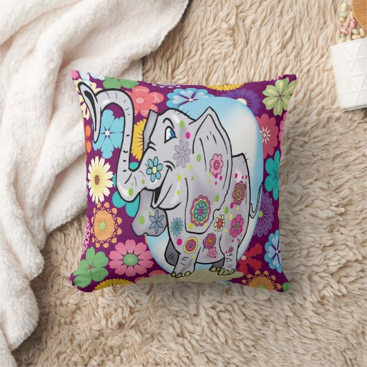カラフルな花を持つかわいいヒッピー象 クッション (ブランケット)