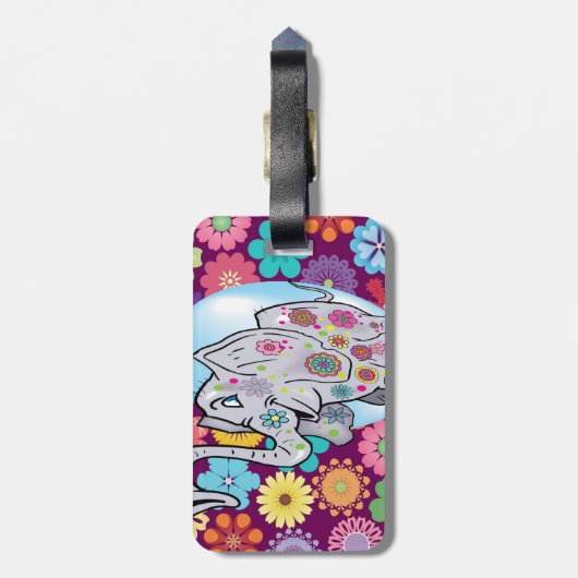 カラフルな花を持つかわいいヒッピー象 ラゲッジタグ (裏面縦)