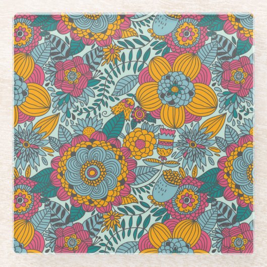 カラフルな花パターン ガラスコースター (正面)