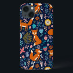 カラフルな花及びキツネパターン iPhone 13ケース<br><div class="desc">あなたが変えることができる濃紺の背景色のカラフルなレトロの花のかわいい鳥およびアカギツネの漫画のスタイルのイラストレーション</div>