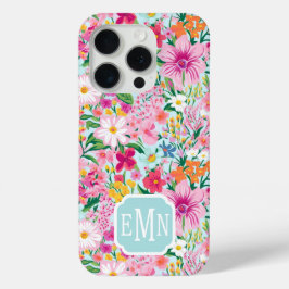 カラフルな花園のイニシャル入り iPhone 15 PROケース