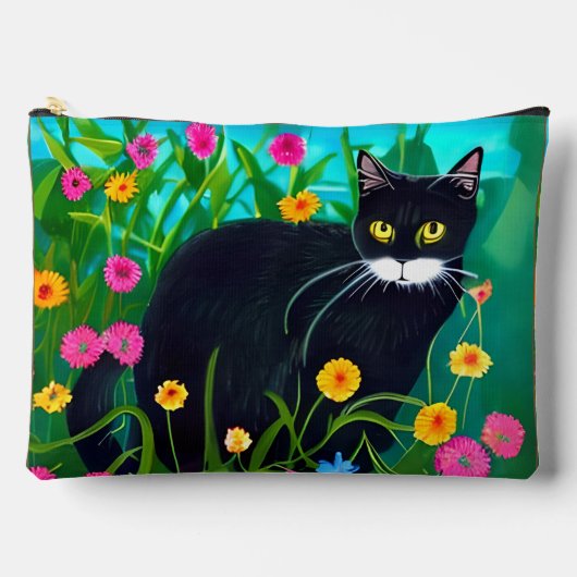 カラフルな花園の黒猫 アクセサリーポーチ (正面)