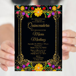 カラフルな花柄とブラックの背景のキンセアニエラ 招待状