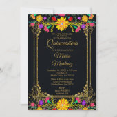 カラフルな花柄とブラックの背景のキンセアニエラ 招待状 (正面)