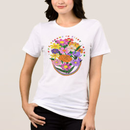 カラフルな花柄のハートTシャツ  トライブレンドＴシャツ