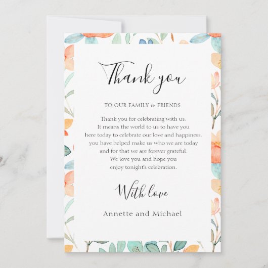 カラフルな花柄のフラットな感謝カード サンキューカード (正面)