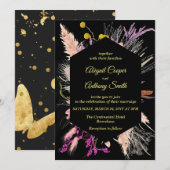 カラフルな花柄のブラック背景ジオメトリックボーダー 招待状 (正面/裏面)