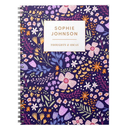 カラフルな花柄の可愛らしい女の子の紫のパーソナライズされた ノートブック (正面)