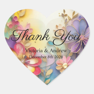 カラフルな花柄の感謝を伝えるステッカー ハートシール