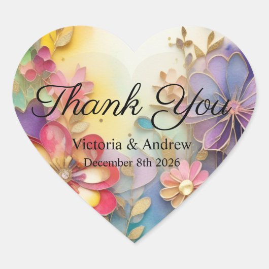 カラフルな花柄の感謝を伝えるステッカー ハートシール (正面)