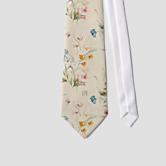 カラフルな花柄の美術品 ベージュのモノグラム ネクタイ