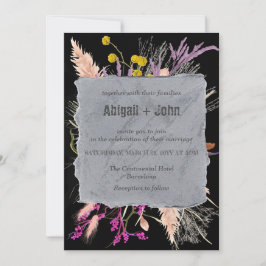 カラフルな花柄の黒背景クラシックボーダー 招待状