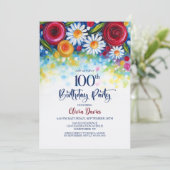 カラフルな花柄の100歳の誕生日パーティー 招待状 (スタンド正面)