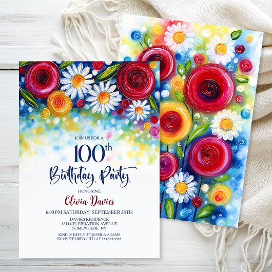 カラフルな花柄の100歳の誕生日パーティー 招待状