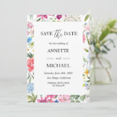 カラフルな花柄の「save the date」招待状 セーブザデート (スタンド正面)