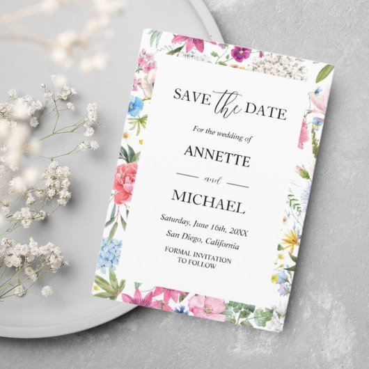 カラフルな花柄の「save the date」招待状 セーブザデート