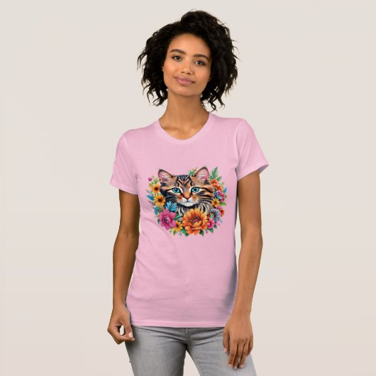 カラフルな花輪の中の子猫 Tシャツ (正面フル)