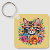 カラフルな花輪の中の猫 キーホルダー (正面)