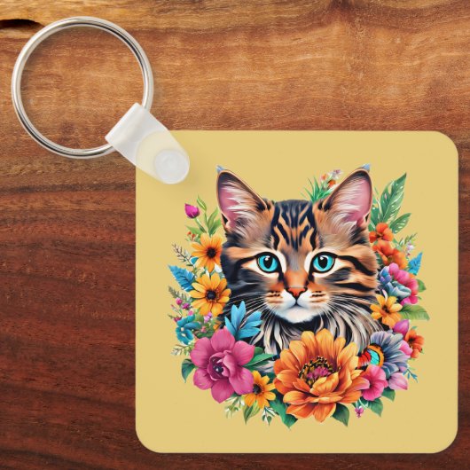 カラフルな花輪の中の猫 キーホルダー (正面)