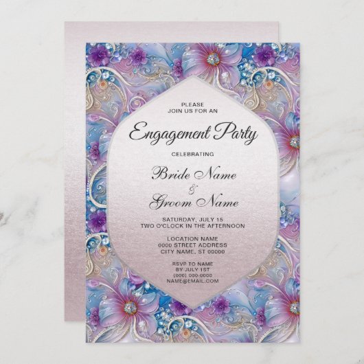 カラフルな花飾りパールジュエリーエンゲージメント招待状 招待状 (正面/裏面)