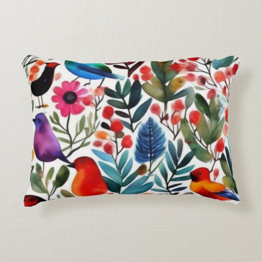 カラフルな花鳥 アクセントクッション (正面)
