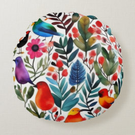 カラフルな花鳥 ラウンドクッション
