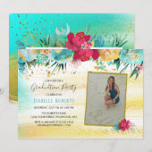 カラフルな花 ゴールド スパークル グリッター 卒業式 招待状 (正面/裏面)