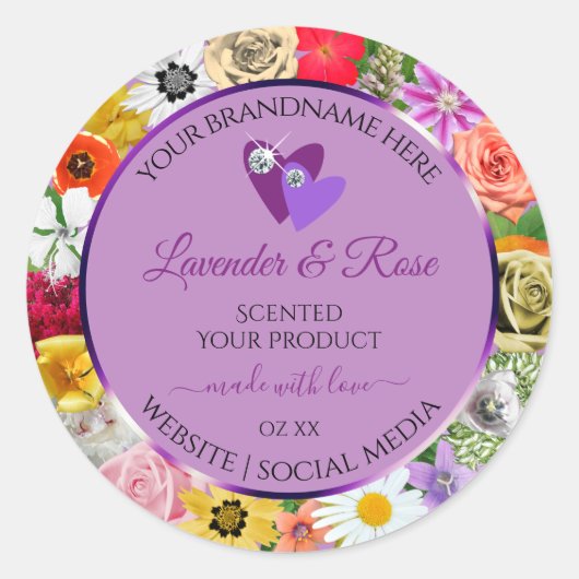 カラフルな花 ライトパープル 商品ラベル ハート ラウンドシール (正面)