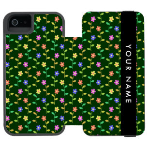 カラフルな花、緑の背景、黒 iPhone SE/5/5sウォレットケース