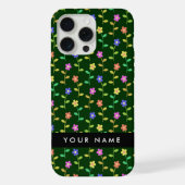 カラフルな花、緑の背景、黒 iPhoneケース (裏面)