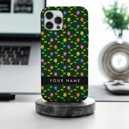カラフルな花、緑の背景、黒 iPhoneケース