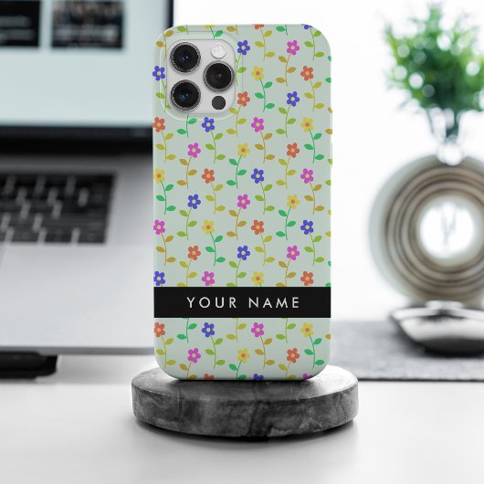 カラフルな花、薄緑の背景、黒 iPhoneケース