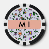 カラフルな花、青い背景、オレンジ ポーカーチップ (正面)