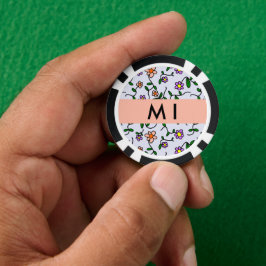 カラフルな花、青い背景、オレンジ ポーカーチップ