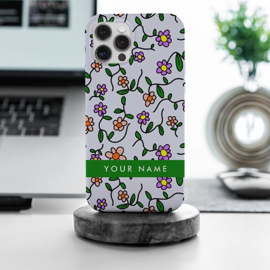 カラフルな花、青い背景、緑 iPhoneケース