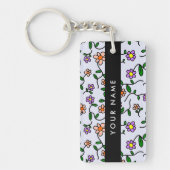 カラフルな花、青い背景、黒 キーホルダー (正面)