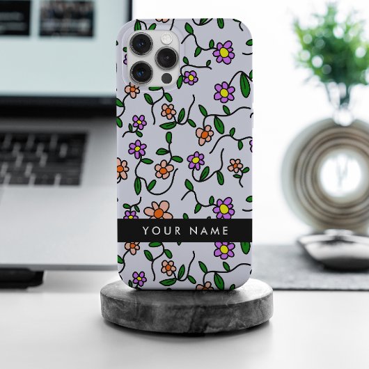 カラフルな花、青い背景、黒 iPhoneケース