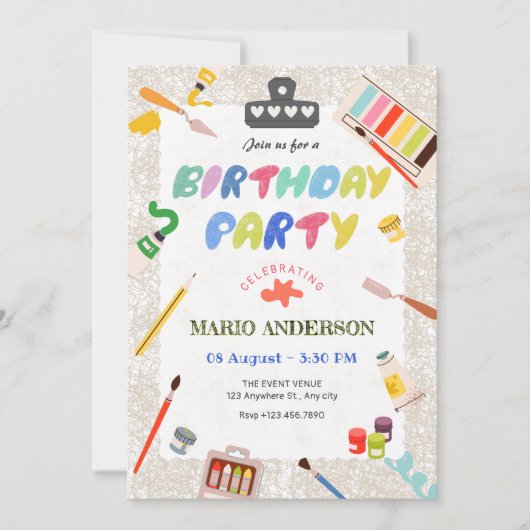 カラフルな芸術の絵画ツール誕生日 招待状 (正面)