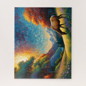 カラフルな草原のエルクと花のアート ジグソーパズル (縦)