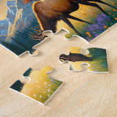 カラフルな草原のエルクと花のアート ジグソーパズル (側面)